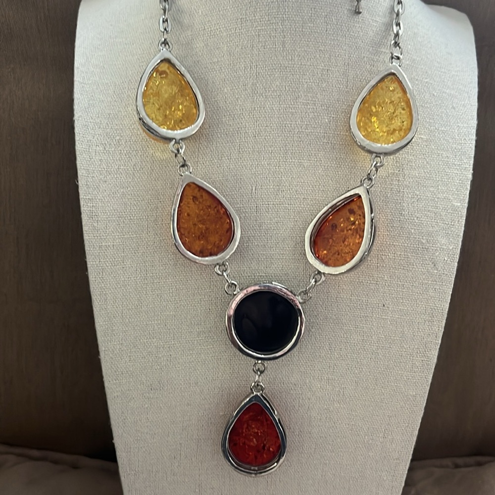 Teardrop Necklace Faux Baltic Amber in Fall Colors Sun Catching Multicolor Beads - Picture 6 of 8